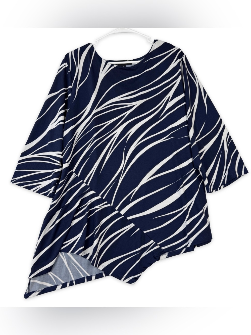 N Touch Tunic Top Womens XL Navy White 3/4 Sleeve Tunic Asymmetrical Hem